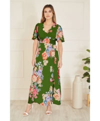 Mela London  Green Floral Ruched Waist Maxi Dress With Split Hemline