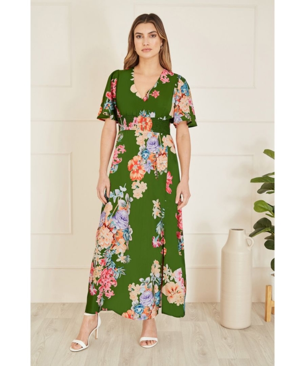 Mela London Womens Green Floral Ruched Waist Maxi Dress With Split Hemline - Size 22 UK