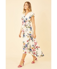 Mela London  Ivory Floral Wrap Dip Hem Dress