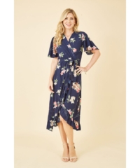 Mela London Womens Navy Floral Dip Hem Wrap Midi Dress – Size 22 UK