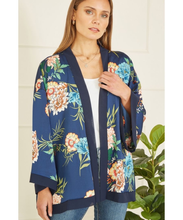 Mela London Womens Navy Floral Print Satin Kimono - Size 22 UK