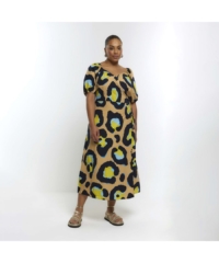 River Island Womens Wrap Midi Dress Plus Beige Animal Print Cotton – Size 22 UK