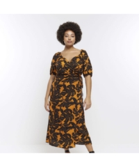 River Island Womens Wrap Midi Dress Plus Orange Leaf Print Viscose – Size 22 UK