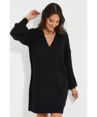 Threadbare  Black Curve ‘Adeline’ V Neck Knitted Jumper Dress