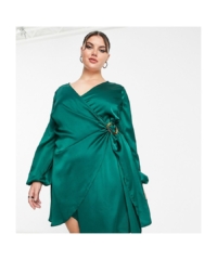 Urban Threads Curve Womens Plus wrap over satin midi dress in green – Dark Green – Size 22 UK