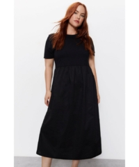 Warehouse Womens Plus Short Sleeve Woven Mix Midi Dress – Black Cotton – Size 22 UK