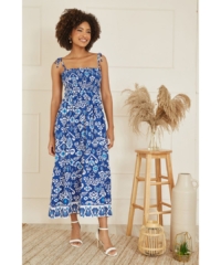 Yumi Womens Blue Ikat Print Midi Sun Dress Cotton – Size 22 UK