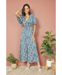 Yumi Womens Blue Satin Ditsy Print Wrap Maxi Dress – Size 22 UK