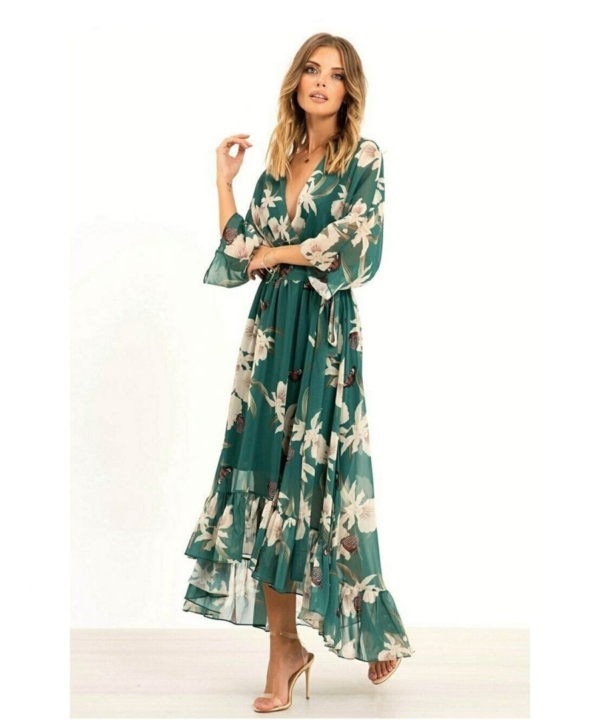 Yumi Womens Floral Print Green Kimono Midi Wrap Dress - Size 22 UK