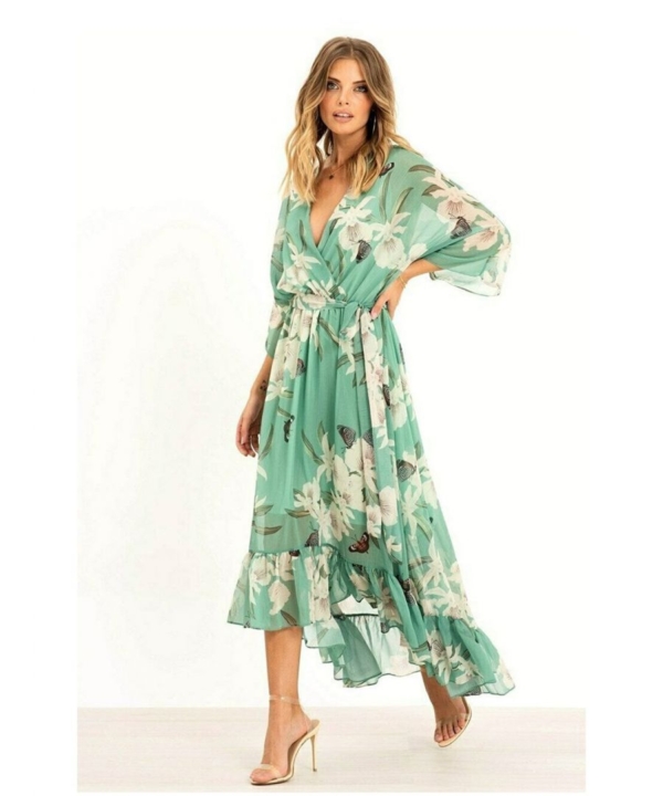 Yumi Womens Floral Print Kimono Mint Midi Wrap Dress - Size 22 UK