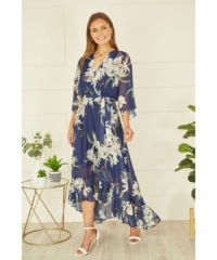 Yumi  Floral Print Navy Kimono Midi Wrap Dress