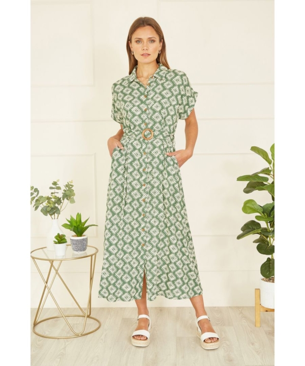 Yumi Womens Green Viscose Midi Shirt Dress With Matching Belt - Size 22 UK