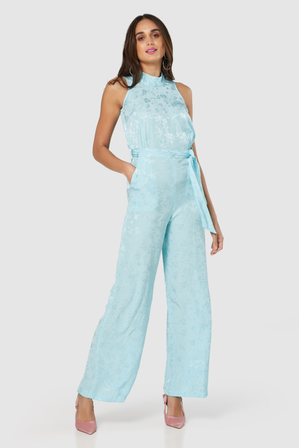 Closet London Blue Jacquard Floral Tie Neck Jumpsuit