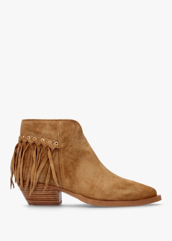 ALPE Ajax Tan Suede Fringed Western Stacked Heel Ankle Boots Size: 39