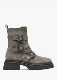 ALPE Akita Grey Suede Jeweled Biker Boots Size: 41, Colour: Grey Suede