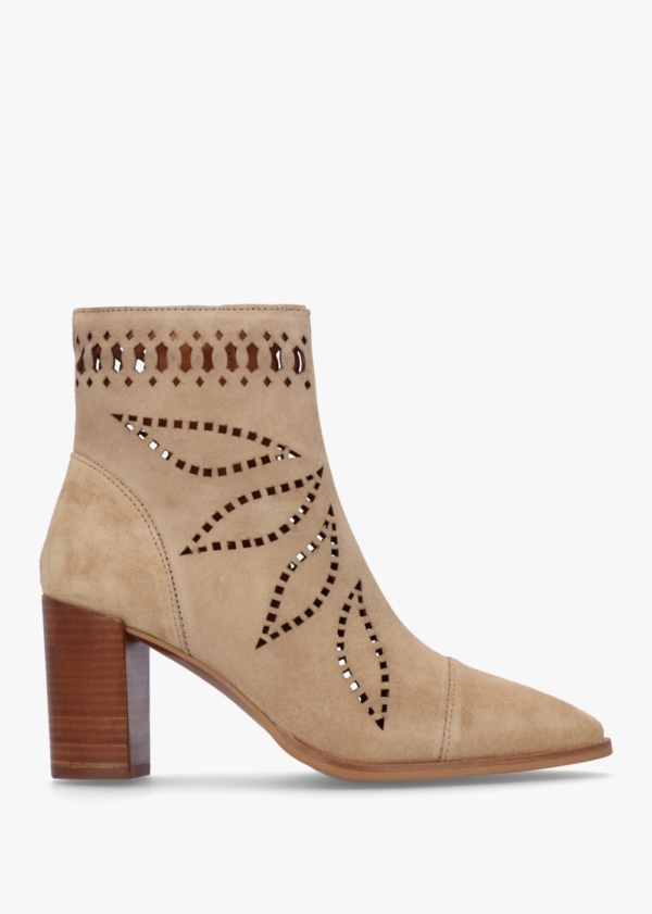 ALPE Ariana Beige Suede Laser Cut Block Heel Ankle Boots Colour: Beige