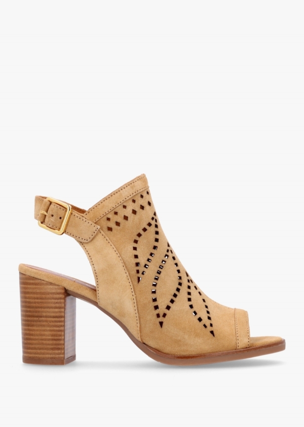 ALPE Arona Tan Suede Laser Cut Block Heel Sandals Size: 41