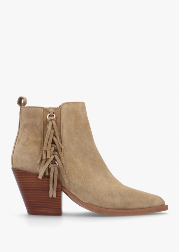 ALPE Baker Taupe Suede Fringed Stacked Heel Western Ankle Boots Size: