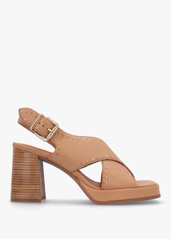 ALPE Clancy Tan Leather Studded Platform Block Heel Sandals Colour: Nd