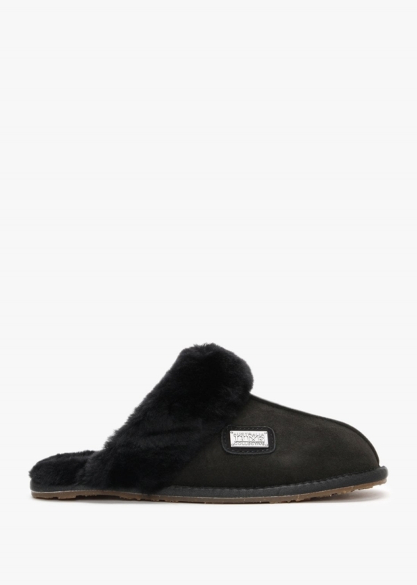 AUSTRALIA LUXE Black Double-Face Sheepskin Closed Mule Slippers Size: