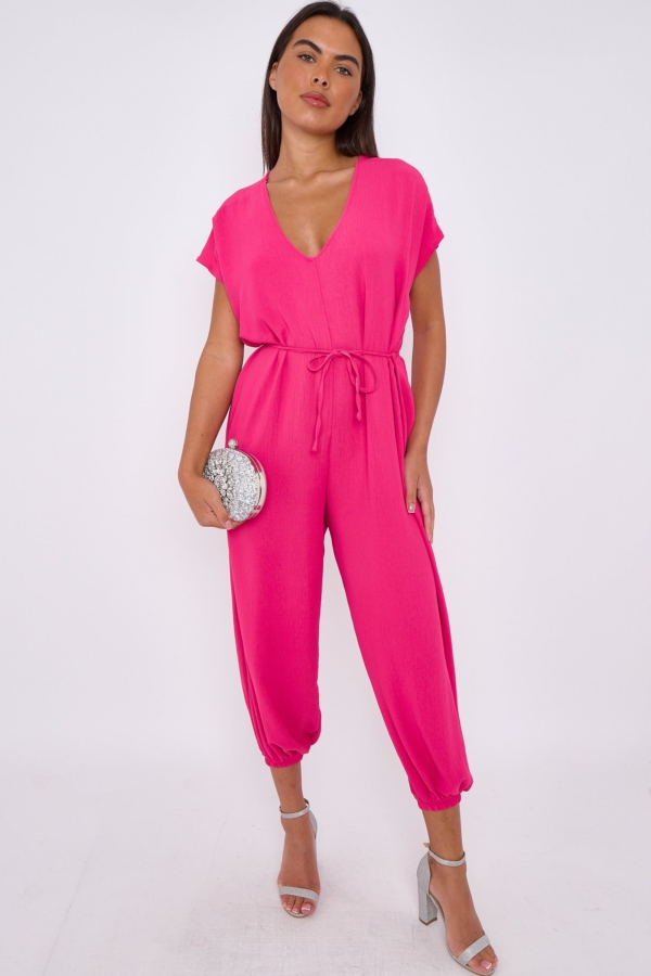 Aftershock London Fuchsia V-Neck Belted Jumpsuit