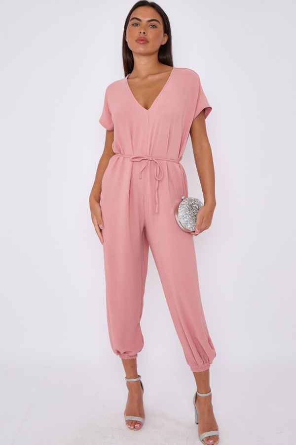 Aftershock London Pink V-Neck Belted Jumpsuit