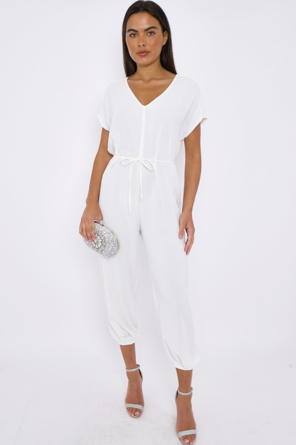 Aftershock London White V-Neck Belted Jumpsuit