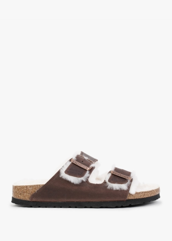 BIRKENSTOCK Arizona Shearling Habana Waxy Oiled Leather Two Bar Mules