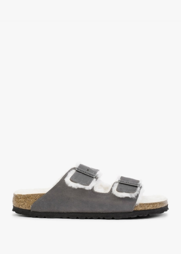 BIRKENSTOCK Arizona Shearling Iron Waxy Oiled Leather Two Bar Mules Si