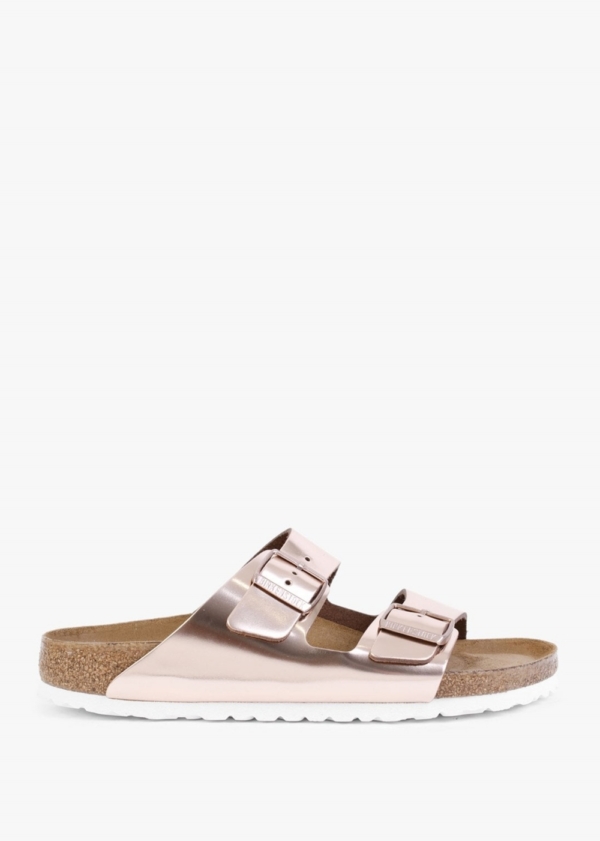 BIRKENSTOCK Arizona Soft Foot-Bed Metallic Copper Two Bar Mules Size: