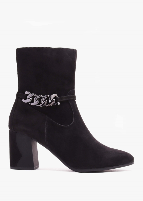 CAPRICE Black Suede Chain Detail Block Heel Ankle Boots Size: 38