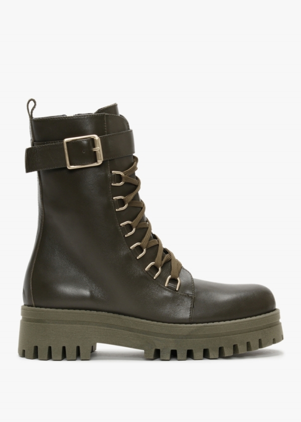 DANIEL Fiker Green Leather Collar Strap Biker Boots Size: 35