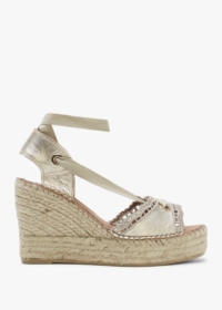 DANIEL Ilazer Gold Leather Laser Cut Edge Ankle Tie Wedge Espadrilles