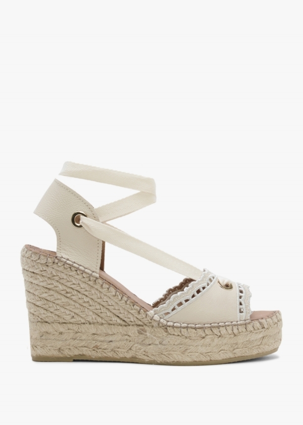 DANIEL Ilazer White Leather Laser Cut Edge Ankle Tie Wedge Espadrilles