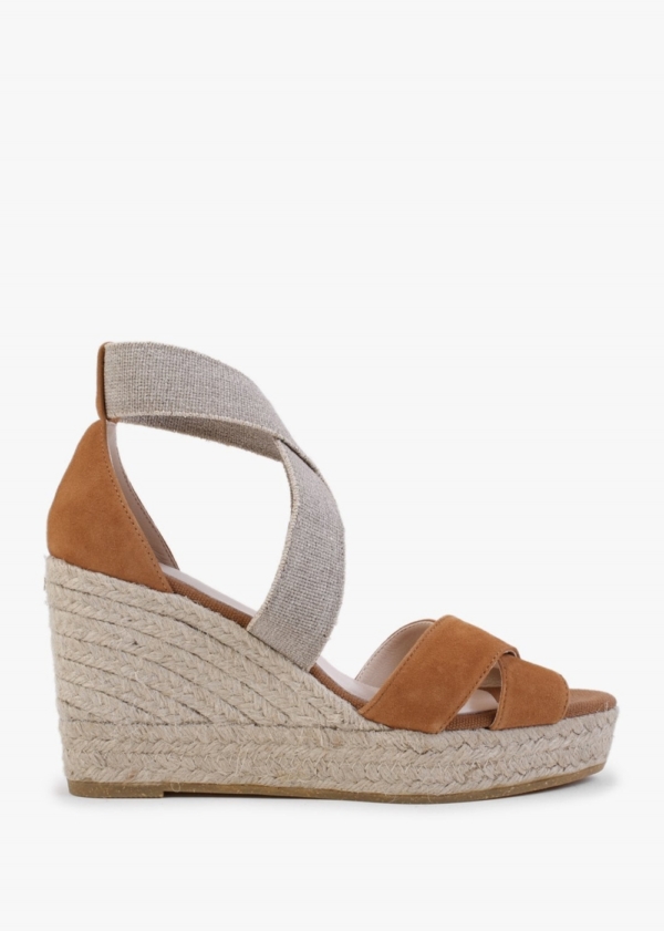 DANIEL Kamp Tan Suede Elasticated Cross Strap Wedge Espadrilles Size: