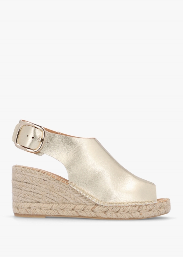 DANIEL Kathie Gold Leather Peep Toe Sling Back Wedge Espadrilles Colou