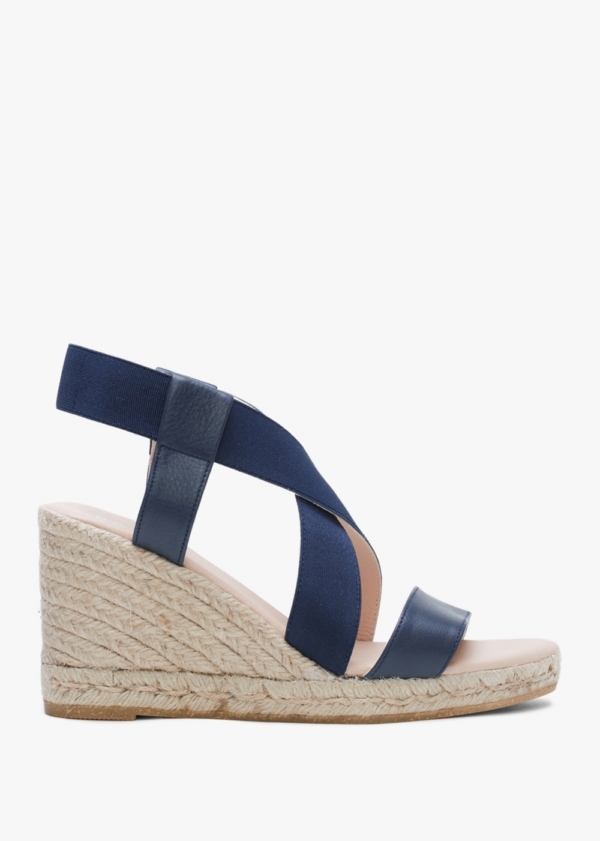 DANIEL Kelly Navy Elastic Cross Strap Wedge Espadrilles Size: 39