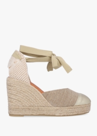 DANIEL Kendall Beige Textile Gold Leather Toe Cap Wedge Espadrilles Si