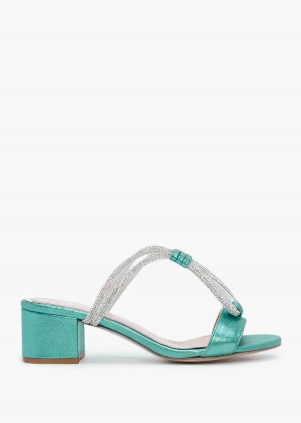 DANIEL Pia Blue Leather Diamante Twist Heeled Mules Colour: Blm