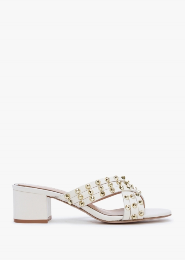 DANIEL Popblock Beige Leather Studded Mid Heel Mules Colour: Beige Lea