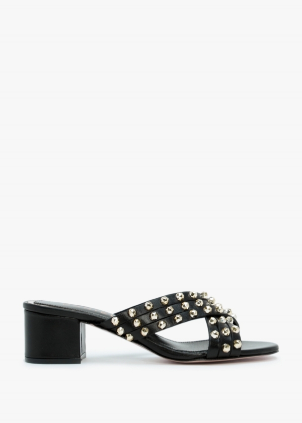 DANIEL Popblock Black Leather Studded Mid Heel Mules Colour: Black Lea