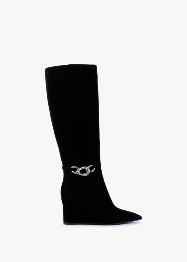 DANIEL Sedge Black Suede Embellished Wedge Knee Boot Size: 39