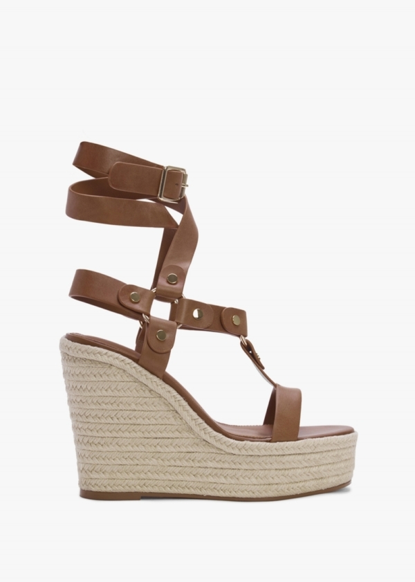 DANIEL Serenity Tan Leather Ankle Tie Wedge Espadrilles Size: 40