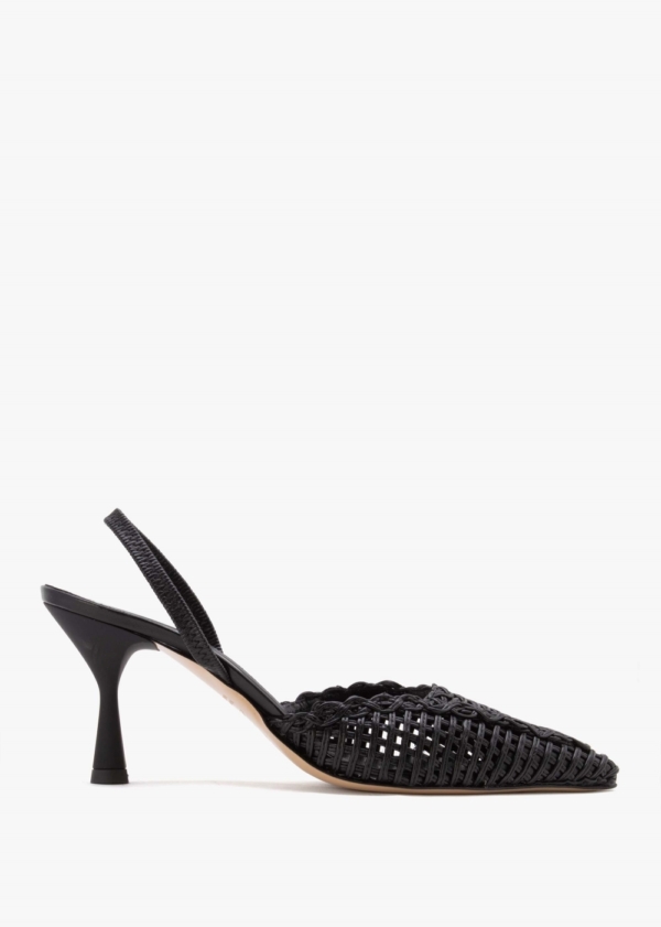 DANIEL Tiffi Black Leather Woven Sling Back Mid Heel Shoes Colour: Bla