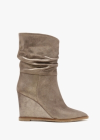 DANIEL Tully Metallic Taupe Suede Rouched Wedge Calf Boots Size: 39, C