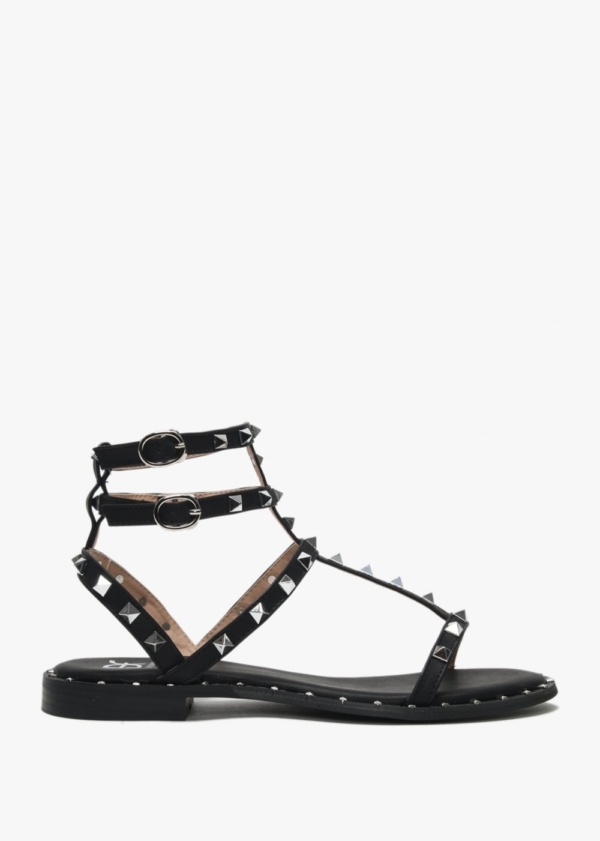 DF By DANIEL Cuboid Black Studded Gladiator Sandals Colour: Black Fabr