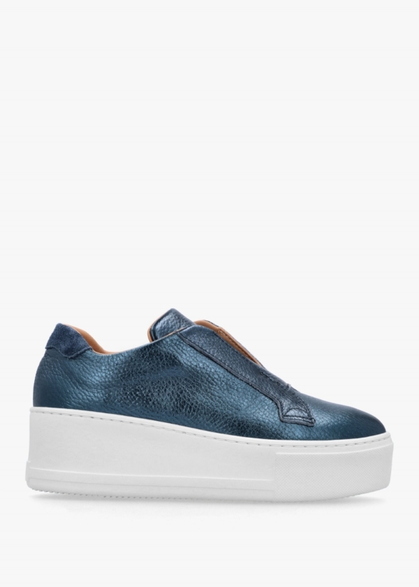 DONNA LEI Quark Navy Metallic Leather Laceless Flatform Trainers Colou