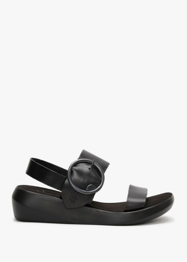 FLY LONDON Bani Black Leather Big Buckle Sandals Colour: Black Leather