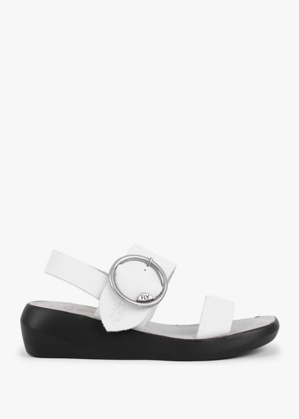 FLY LONDON Bani Off White Leather Big Buckle Sandals Size: 38