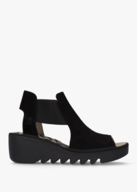 FLY LONDON Biga Black Suede Wedge Sandals Colour: Black Leather, Size: